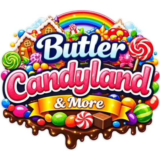 Butler Candyland and More colorful candy shop logo