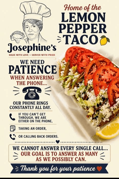 Josephine's customer note explaining that the busy restaurant may be taking orders or calling customers back