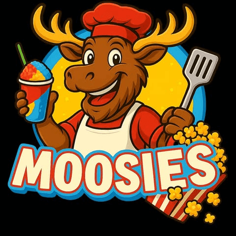 Moosies logo with a chef moose, shaved ice, spatula, and popcorn