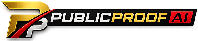 PublicProof AI gold, silver, red, and black wordmark